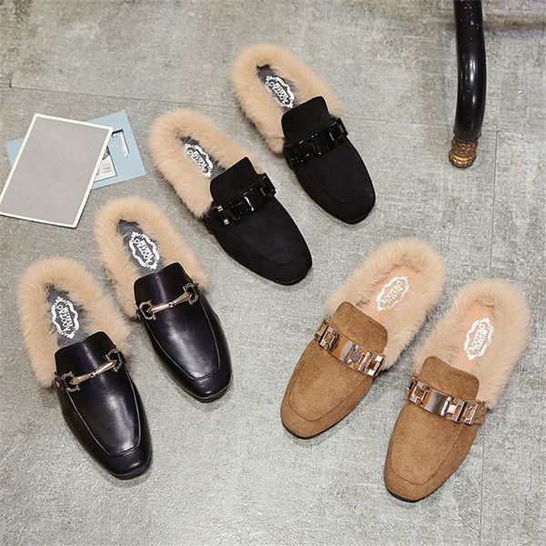 

autumn winter new real fur mules women lazy shoes loafers comfort pregnant shoes women furry slides fluffy hairy flip flops, Black