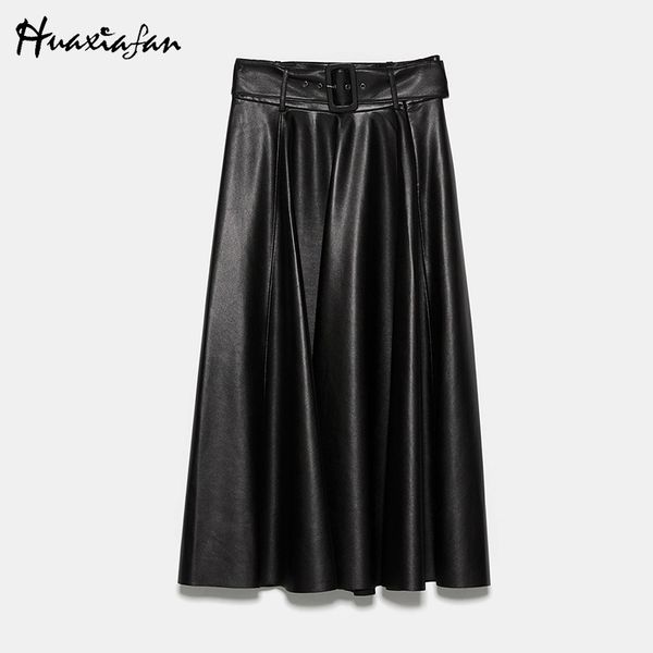 

huaxiafan skirts pu leather women skirt black a line zipper midi skirt female basic vintage fashion bow tie belt skirts mujer