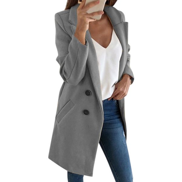 

women autumn winter casual double breasted coat solid color lapel long button wool outwear fashion 2019, Black