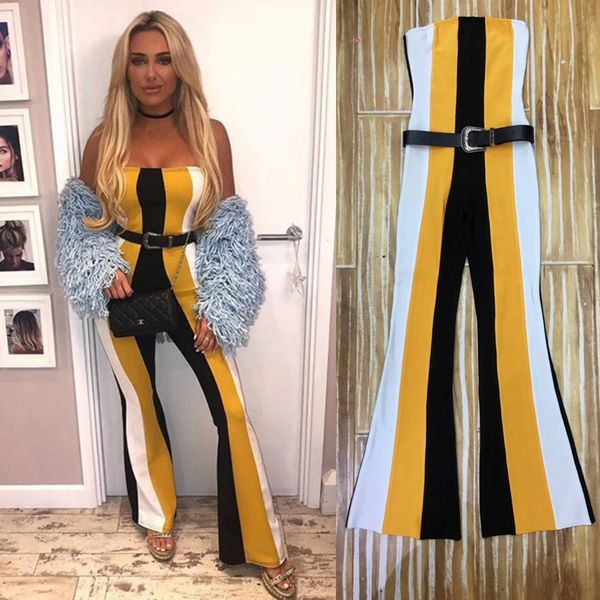

new arrive elegant 2019 multicolor bandage jumpsuit belt patchwork striped bodycon fashion summer strapless sleeveless club, Black;white