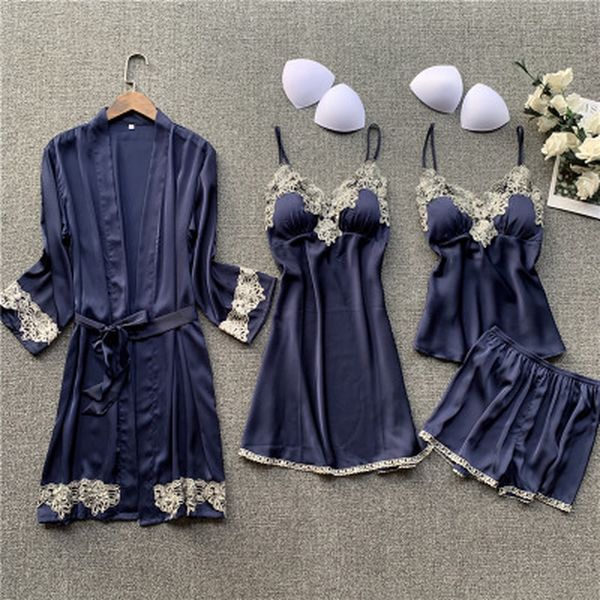 

qweek silk pajama sets sleepwear women satin pijama lace homewear lingerie 4 pieces lounge sleeping set with chest pads, Black;red