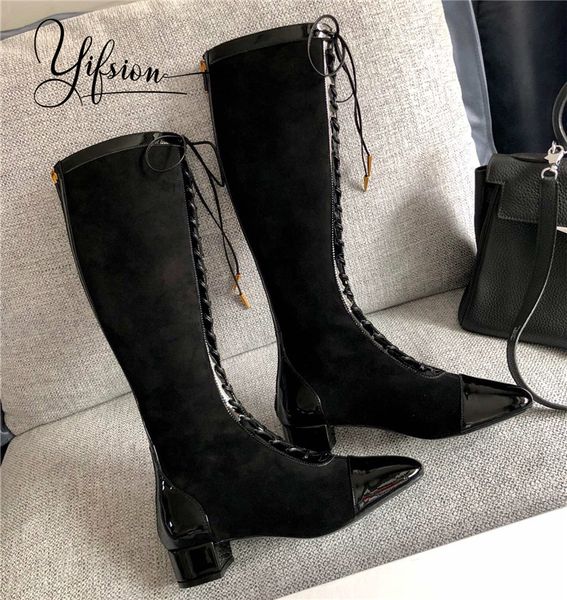

yifsion new fashion black genuine leather women knee high boots square toe cross tied chunky heel women autumn boots shoes woman