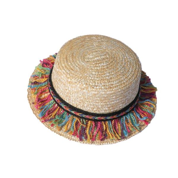 

handmade women summer sun hat colored rope beach raffia straw hat bow ribbon cap temperament flat straw hats outdoor, Yellow
