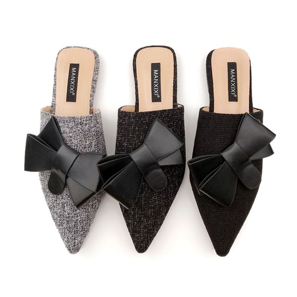 

2019 spring summer new shoes big butterfly-knot pointed toe flats slides mules women shoes fashion slippers outside sandals, Black