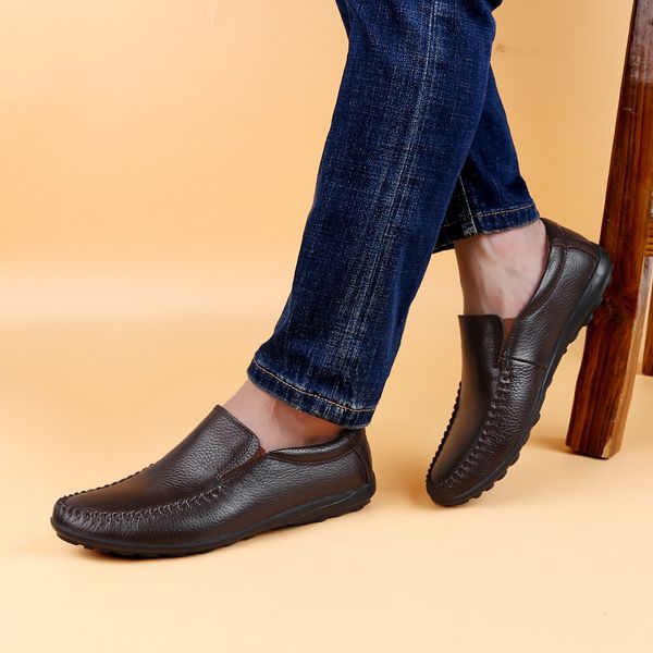 

fashion genuine leather comfortable casual shoes loafers men warm shoes men flats tide moccasins winter, Black