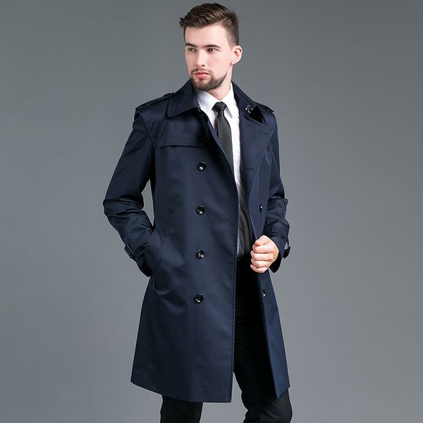 

2019 men's spring autumn outerwear fashion medium length trench coats 4xl double breasted long men's trench coat british coat, Tan;black