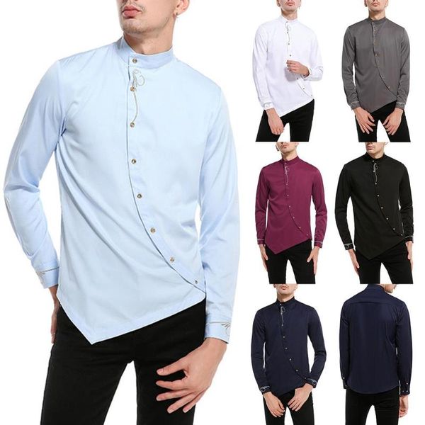 

men's solid color long sleeve stand collar jacquard diagonal buttons irregular hem slim shirt, White;black
