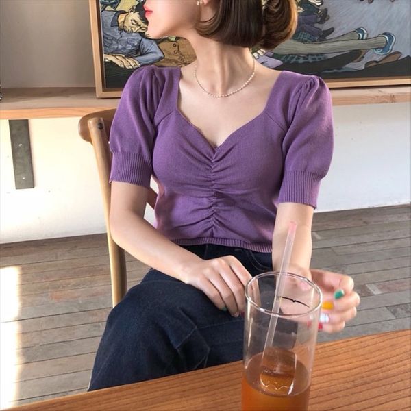 

2020 knitted short-sleeved t-shirt women's western-style purple square collar clavicle short heart machine pleated slim base shirt, White