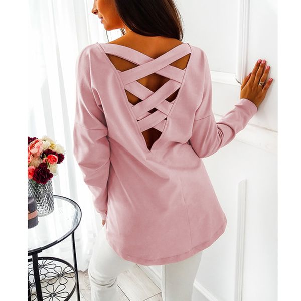 

spring autumn casual streetwear shirt criss-cross hollow out back womens and blouses loose tunic clothes blusa mujer sj788m, White