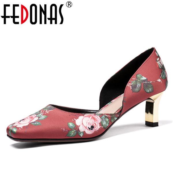 

fedonas vintage elegant flowers women pumps 2019 new silk square toe high heels spring summer basic wedding party shoes woman, Black;white
