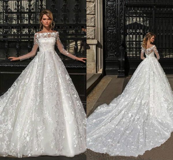 

robes de mariée bateau wedding dress neck long sleeves lace a line white brides wedding dresses elegant applique sweep train bridal gowns