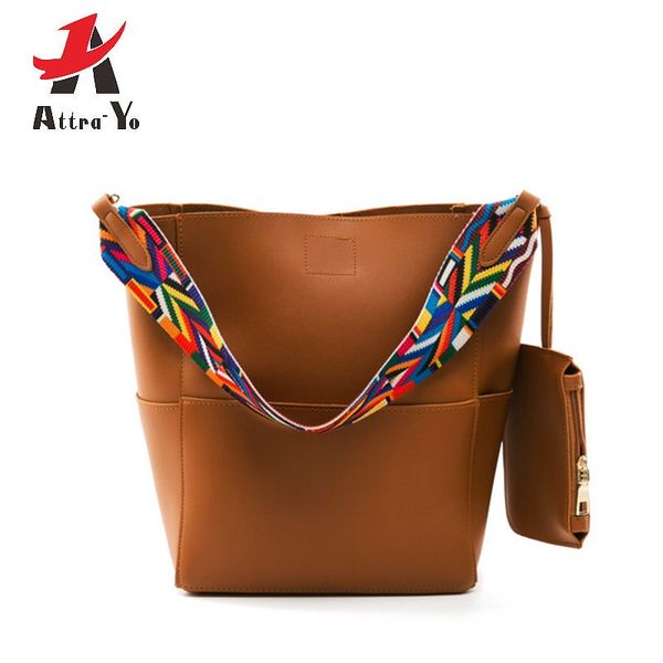 

attra-yo women's bags new fashion bucket composite bag shoulder and messenger pu large capacity versatile ribbon strap handbag