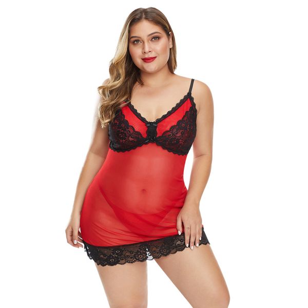 

ins plus size strap nightdress womens thin mesh pajamas summer lace cups ladies home clothes 31232sale, Black;red