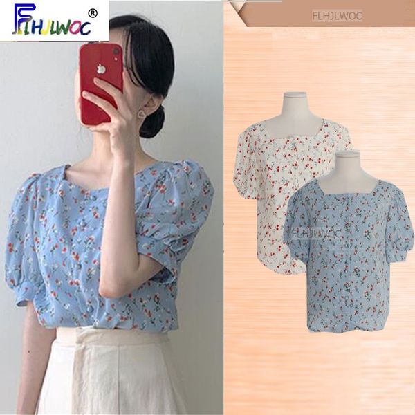 

2020 cute sweet chic women summer flhjlwoc design korean japanese style floral printed button blouse shirt 5104, White