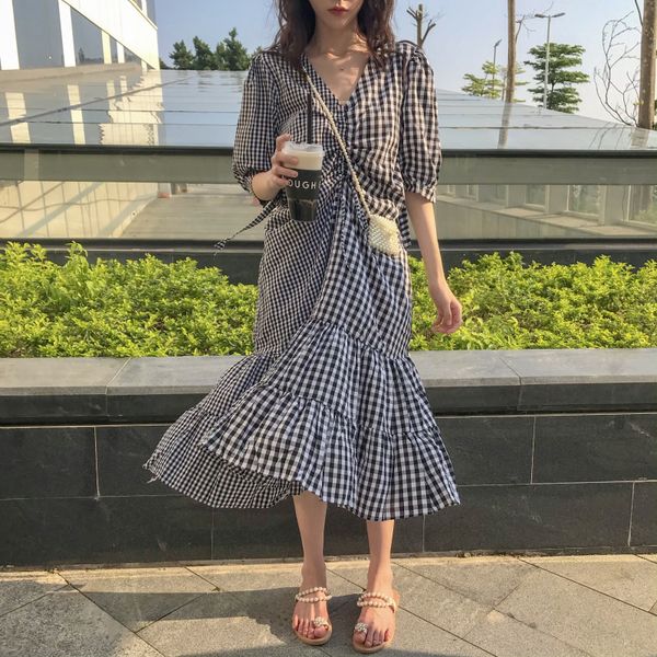 

ewq] 2020 summer new boho v-neck lantern sleeve ruffles dresses korea checked drawstring plus size casual lady dresds qx99215, Black;gray