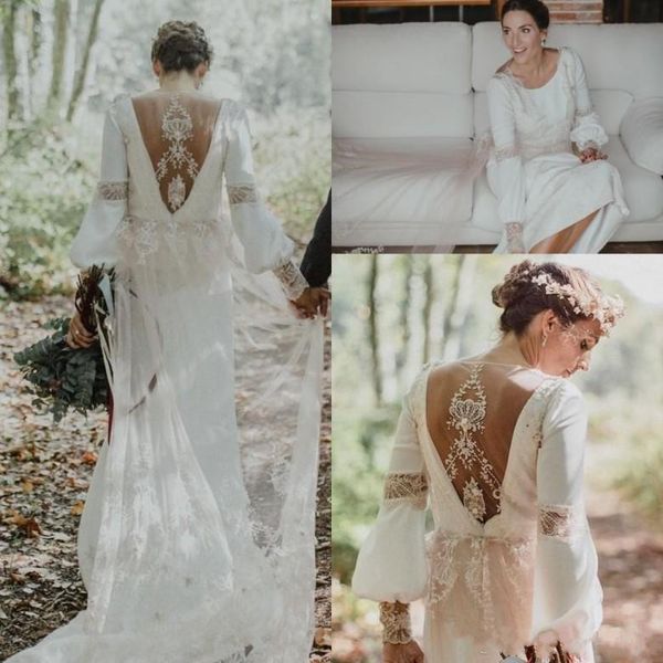 

2019 country a line boho wedding dresses long sleeve lace back custom make bohemian loose bridal wedding gowns, White