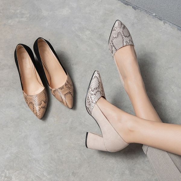 

snake print heels suede leather square buckle thick with autumn pointed single shoes wedding female sandals lady work shoes, Black