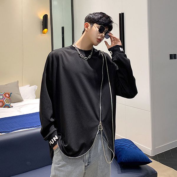 

men zipper metal chain design loose black pullover casual hoodie male streetwear hip hop punk gothic irregular sweatshirt