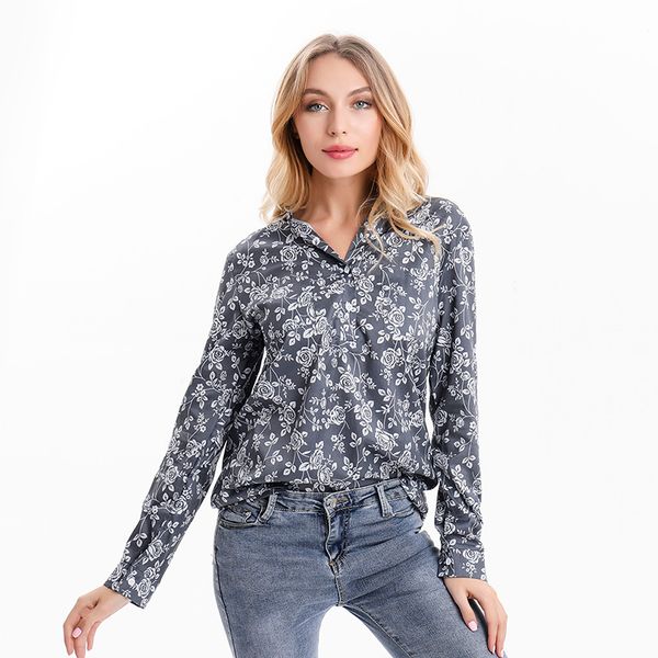 

women new 2020 loose t-shirt women's floral print v-neck long sleeve tshirt lady summer casual comfortable clothing, White