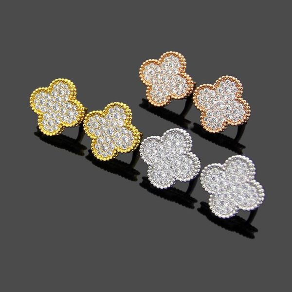 

2020 designer vc letter large four-leaf flower full rhinestone ear pat gold high version four-leaf flower diamond earrings earring, Golden;silver