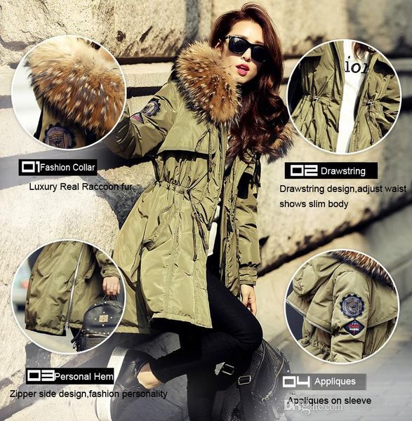 

real large raccoon fur winter jacket lady fur collar hooded thick white duck down army parka women winter ladies coat