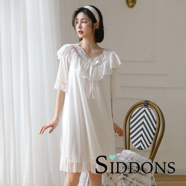 

siddons short sleeve cotton women's long nightgowns gauze delicate embroidered lace girls modal thin vintage princess sleepwear, Black;red