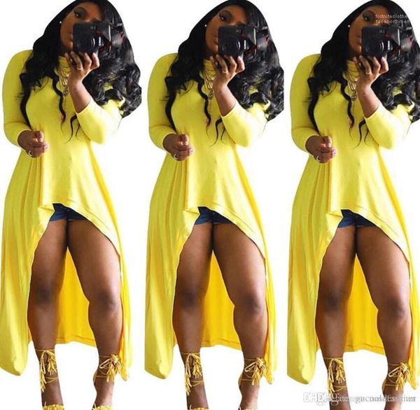 

designer crew neck ladies long tees casual loose female panelled apparel with split spring pure color women tashirts fashion, White