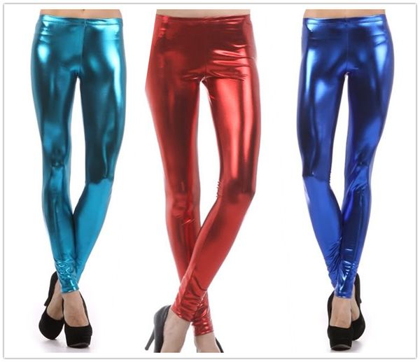 

2019 ladies silver metallic shiny laser leather leggings women candy color, Black