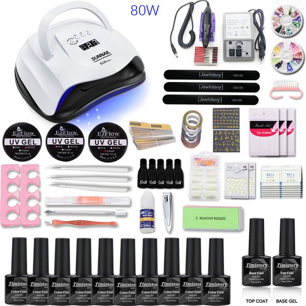 

nail set 80/54/36w uv led nail dryer 10pcs gel polish 3 extension gel kit manicure tools set electric drill machine