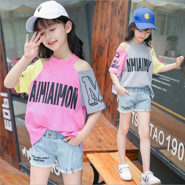 

2020 summer girls sets wholesale teen girls 2pcs set patchwork denim shorts kids outfits wholesale, White