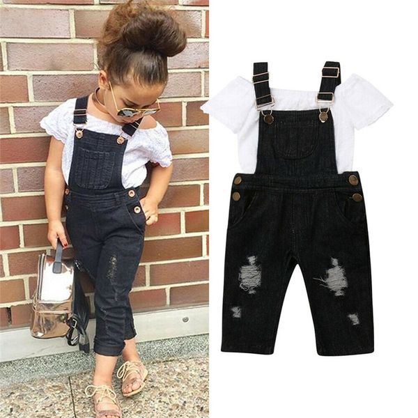 

6m-5y toddler infant kids baby girls short sleeve lace t-shirt denim bib pants jeans overalls girl clothes outfits 2pcs set, White