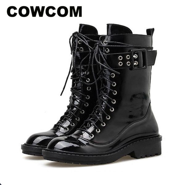 

cowcom 2020 women autumn rivet spring boots women's boots british style patent leather short thick jxq, Black