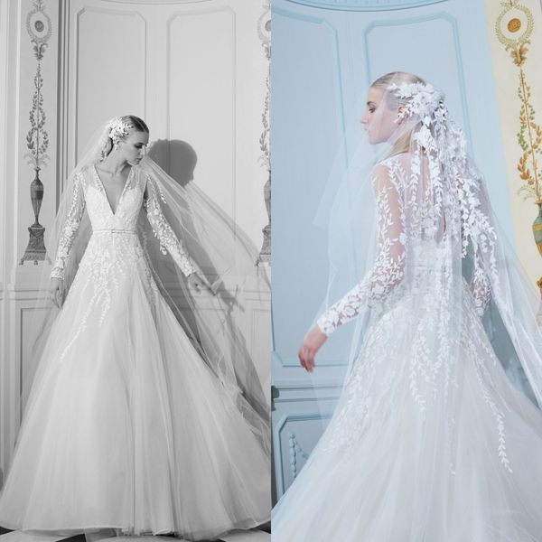 2020 Modest ELIE SAAB Elegante A-Linie Brautkleider mit V-Ausschnitt, langen Ärmeln, Spitze und Schärpe, Brautkleider, Sweep-Zug, Robe de Mari￩e