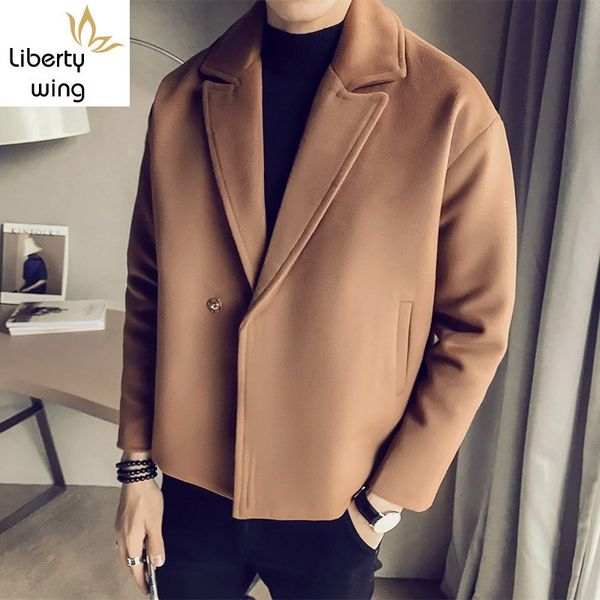 

men's wool & blends casual loose short coat england style single button windbreaker 2021 solid color winter outerwear plus size 5xl, Black