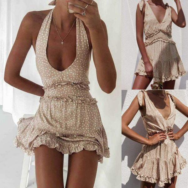 

women summer boho beach dot sleeveless v-neck bandage dresses ladies evening party club short mini dress, Black;gray
