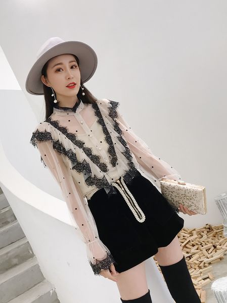 

2019 year fashion dot print chiffon blouse ruffles patchwork full sleeves loose casual lady shirt for spring, White
