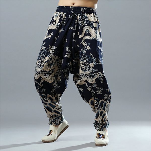 

mens chinese style elastic waist bloomers autumn big crotch trousers male traditional baggy harem pants pantalon homme 092304, Black