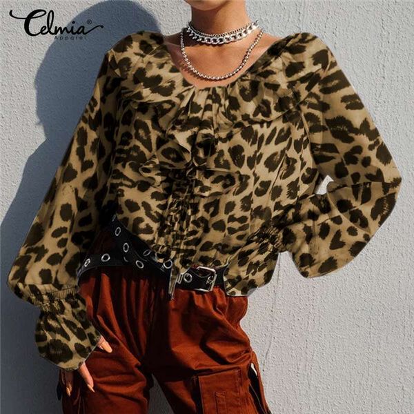 

women's leopard print blouse celmia 2019 fashion long flare sleeve ruffles shirts lace up female elegant office blusas, White