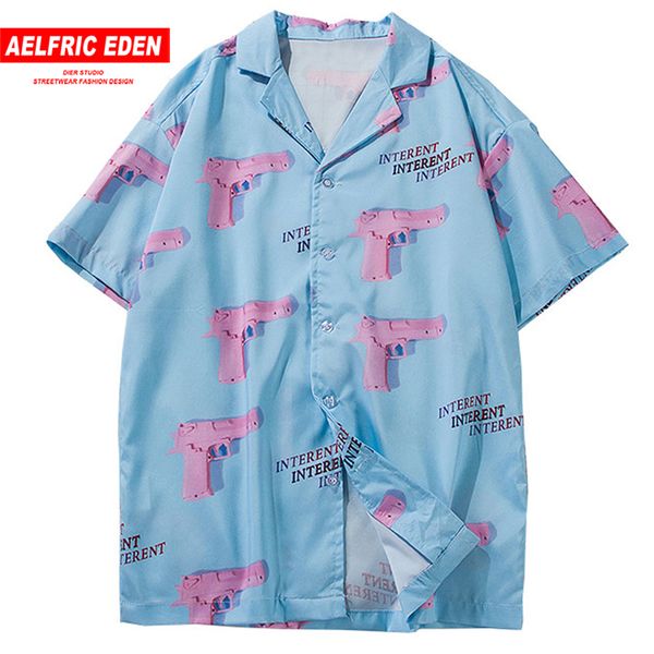 

aelfric eden turn-down collar shirts men 2019 summer hawaii style pink gun 3d print casual streetwear hip hop short sleeve shirt, White;black