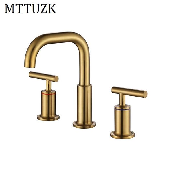 MTTUZK Doppelgriff-Badezimmer-Schwarz-Wasserhahn, gebürstetes Gold, heißes und kaltes Wasser, Mischbatterie, drei Löcher, Waschbecken, Fuacet, 3 Teile/satz, Bad-Wasserhahn