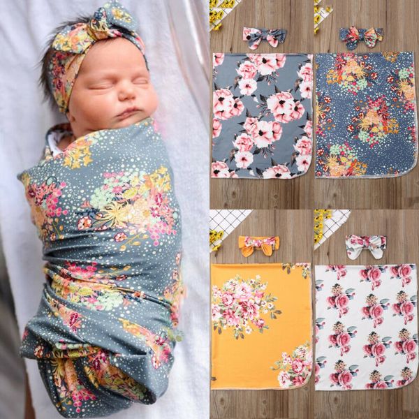 

newborn baby wrap blanket 2pcs girls swaddle cute floral printed cotton toddler little baby sleeping bag+bow headband 0-3m