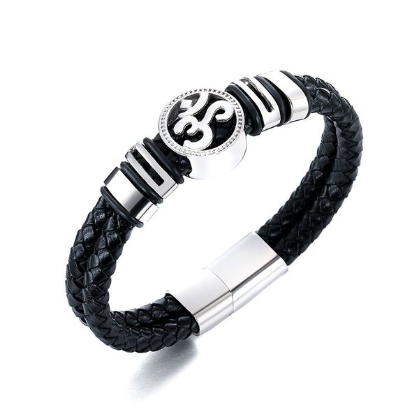 

titanium steel hindu buddhist symbol super-fine leather bracelet, Black