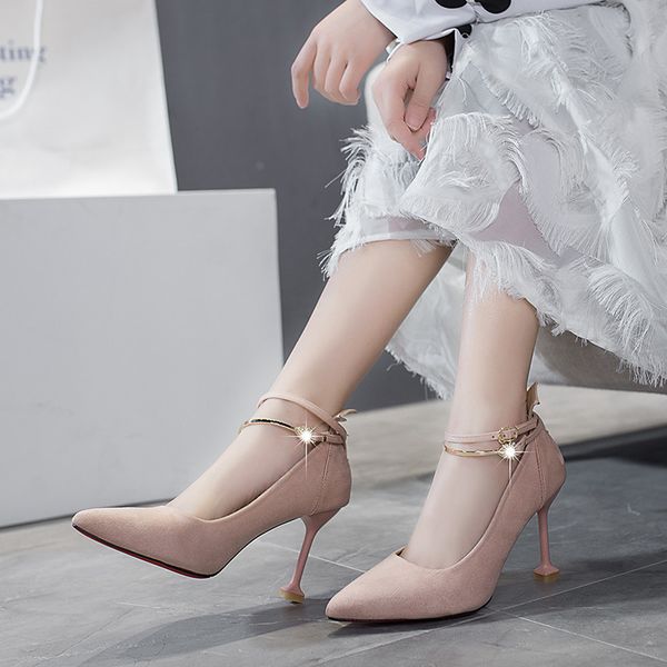 

small new style high heel shoes pointed-toe 2019 fresh spring and autumn shoes solid color versatile metal a- line buckle thin h, Black