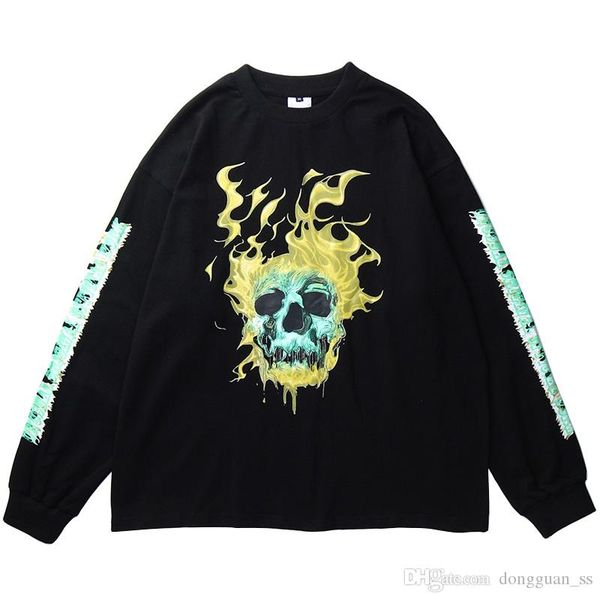 

мужчины хип-хоп футболка с длинным рукавом огнь черепа streetwear harajuku tshirt негабаритной весна hiphop свободная тенниска хлопок топы т, White;black