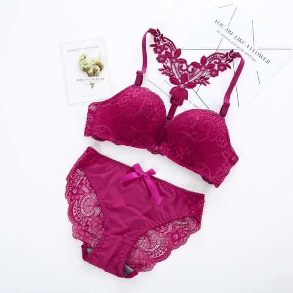 

lace bow small chest bra set butterfly flower front closure bra and panty set for women breathable lingerie sets, Red;black
