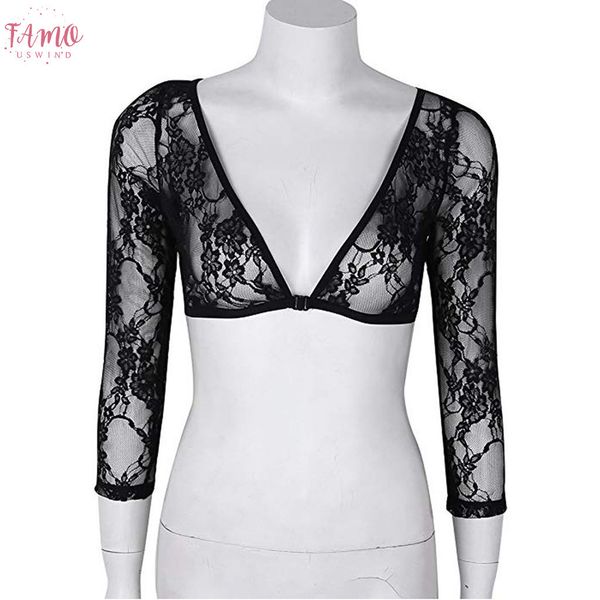 

2019 plus size womens seamless arm shaper lace print sleevey wonders v neck long sleeve bottoming perspective cardigan, White