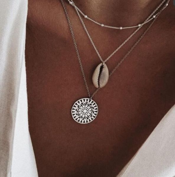 

2020 vintage necklace for women bohemian shell hollow disc bead combination multilayer jewelry necklace long, Silver