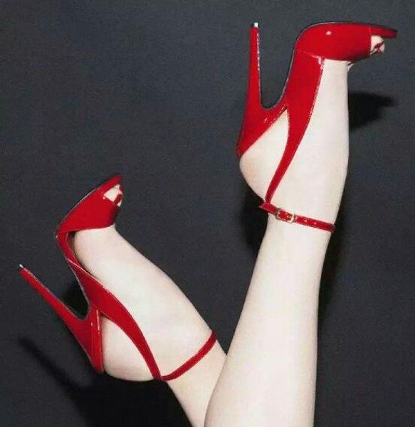 

red patent leather slingback heels shoes peep toe ankle strap sandals woman super high heels wedding shoes bride, Black
