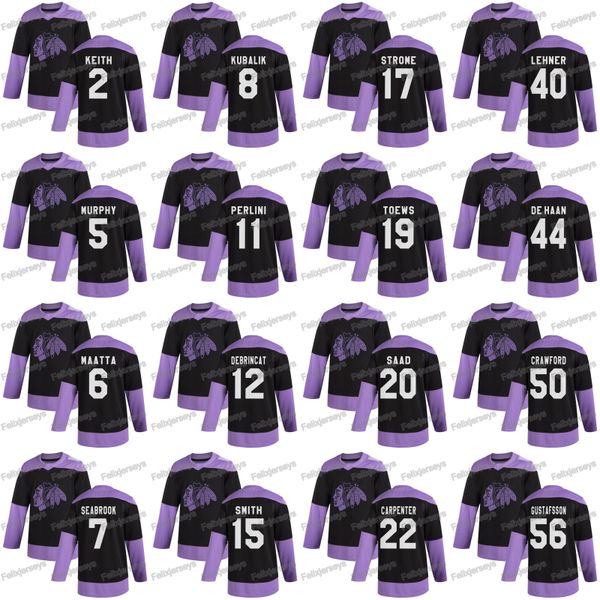

2020 hockey fights cancer chicago blackhawks crawford jonathan toews dylan strome alex debrincat brendan perlini brent seabrook duncan keith, Black;red