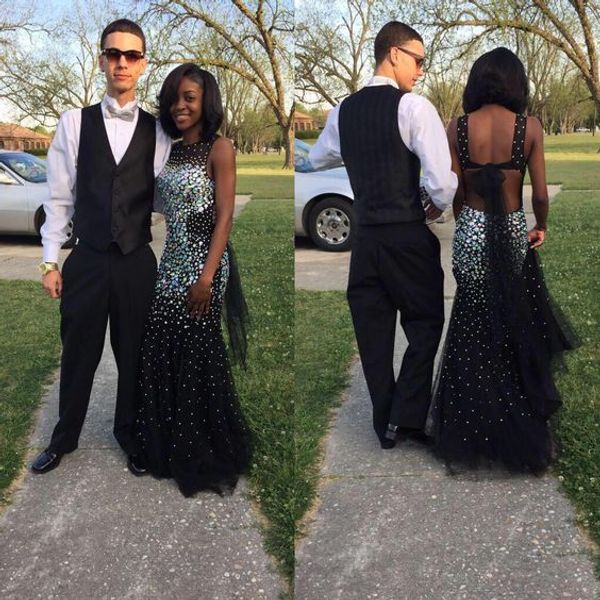 

amazing rhinestones black pageant prom dresses jewel neck backless mermaid tulle beads crystal long evening formal gown dress, White;red